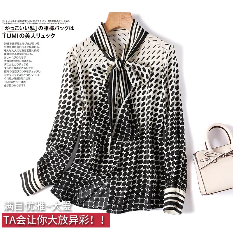 

High Quality Geometric Print Women Shirt Bow Collar High Street 100% Natural Silk Long Sleeve Blouse Women Thin Fashin Clothes