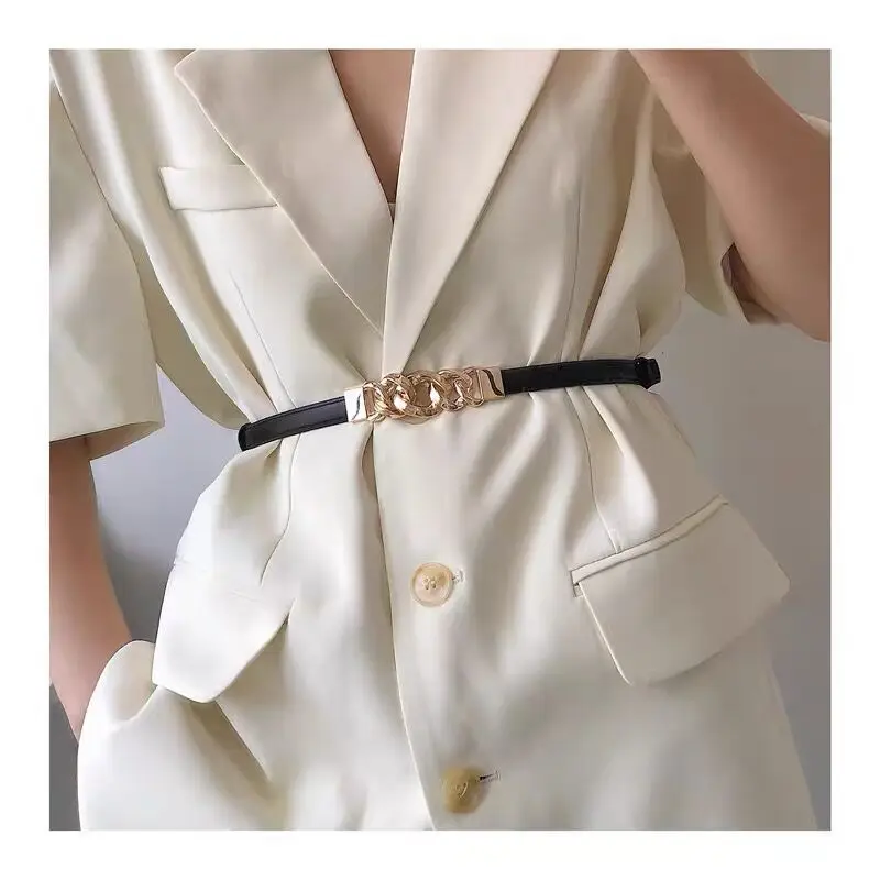 New Lightweight Chain Buckle Adjustable Thin Belt Fashion Leather Metal Buckle Belt Suit Dress Tunic Clothes Accessories Women