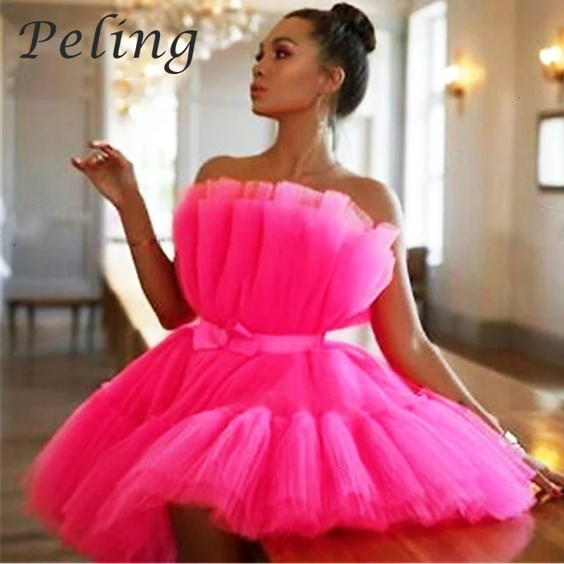

Peling Princess Bow Mesh Party Dress Women Strapless Layered Cake Summer Short Mini Dress Female A Line Sexy Dress Club Vestidos