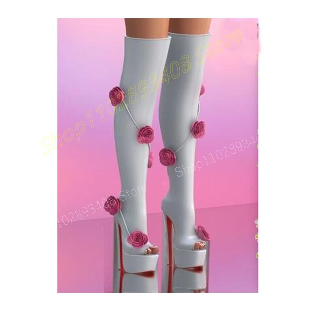 Женские сапоги выше колена на платформе розово-красные с открытым носком