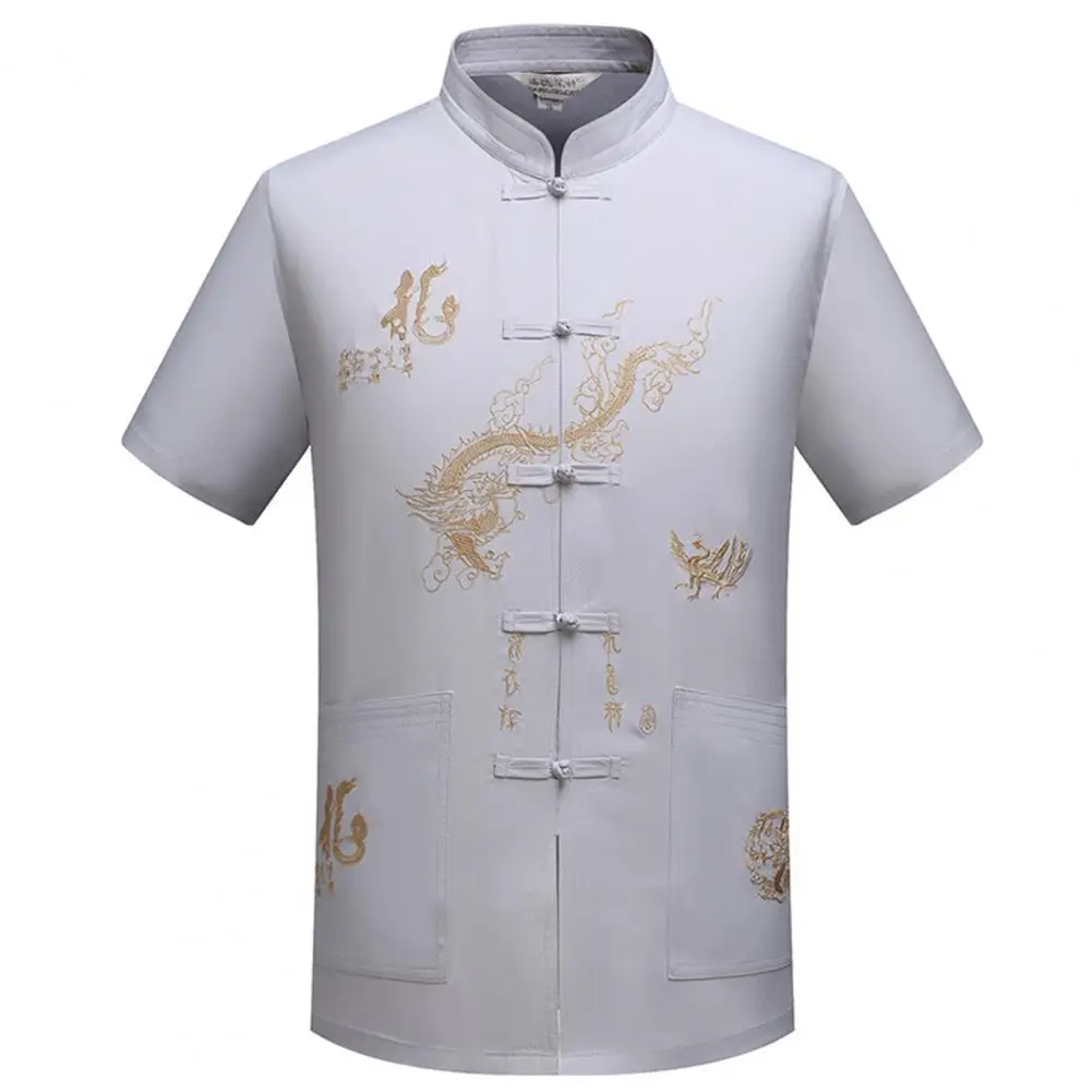 

Tangs Suit Top Embroidery Dragon Stand Collar Short Sleeve New Year Wear Chinese Kung Fu Wing Chun Garment Shirt Men Clothing