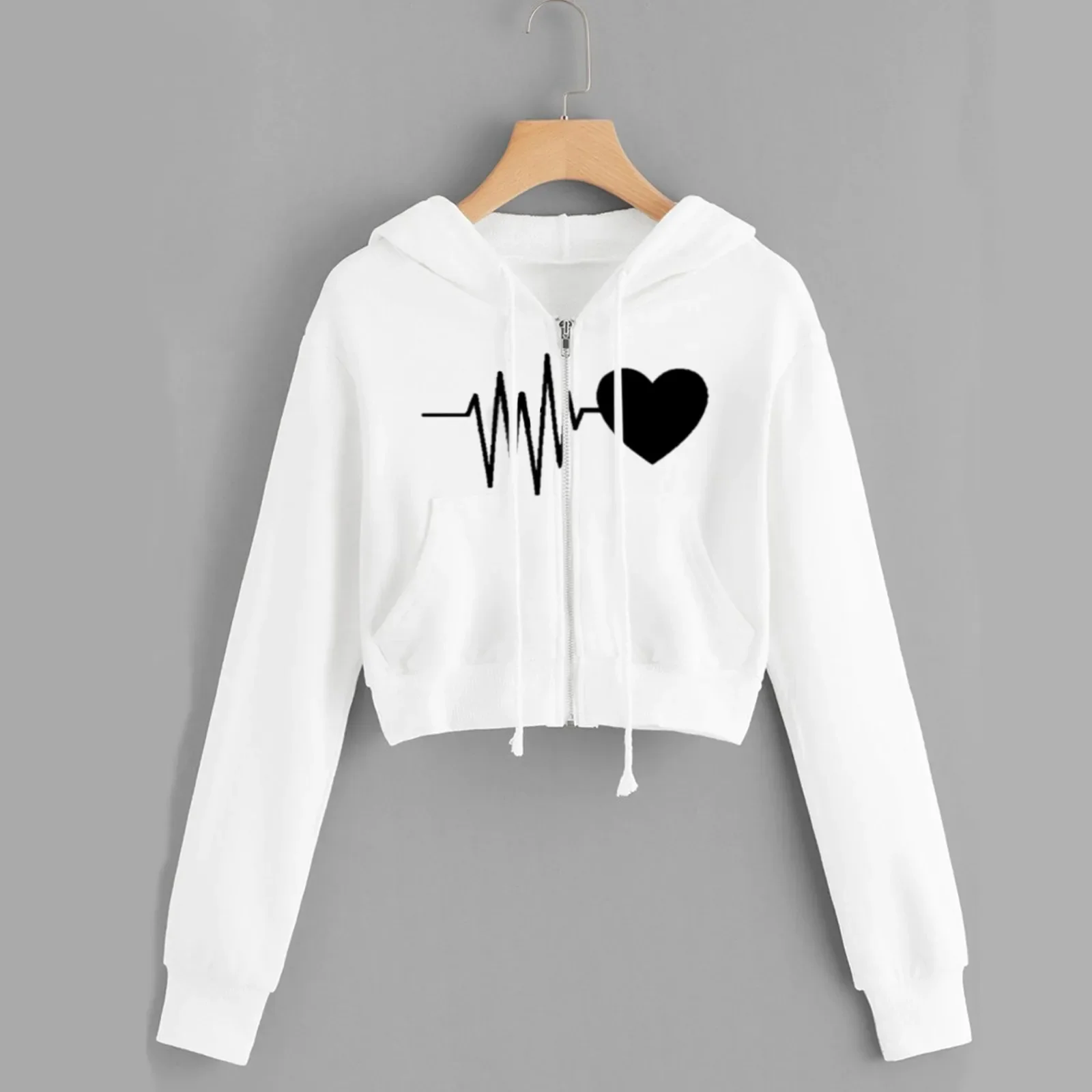 

Heartbeat Print Zip Up Cropped Hoodies Hooded Sweatshirt For Teen Girls Harajuku Kpop Korean Style Clothes Autumn Jackets