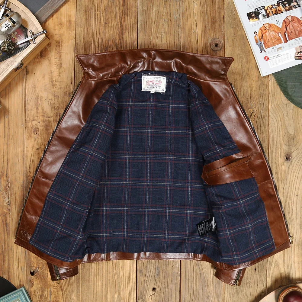 Мужская короткая приталенная куртка из натуральной воловьей кожи в стиле сафари