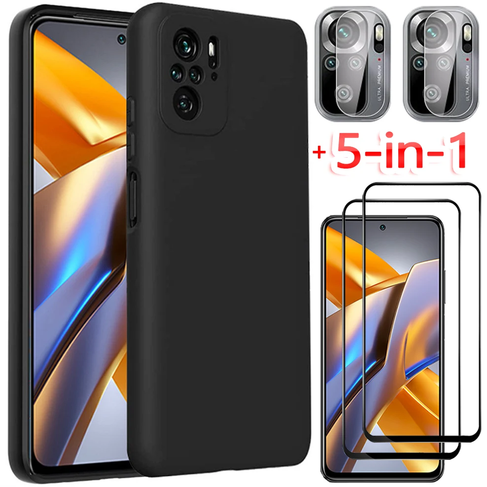 

5-in-1, black case + tempered glass for poco m5s soft tpu phone cases poco m5 xiaomi pocophone m5s cover poco m 5 case poco m5s