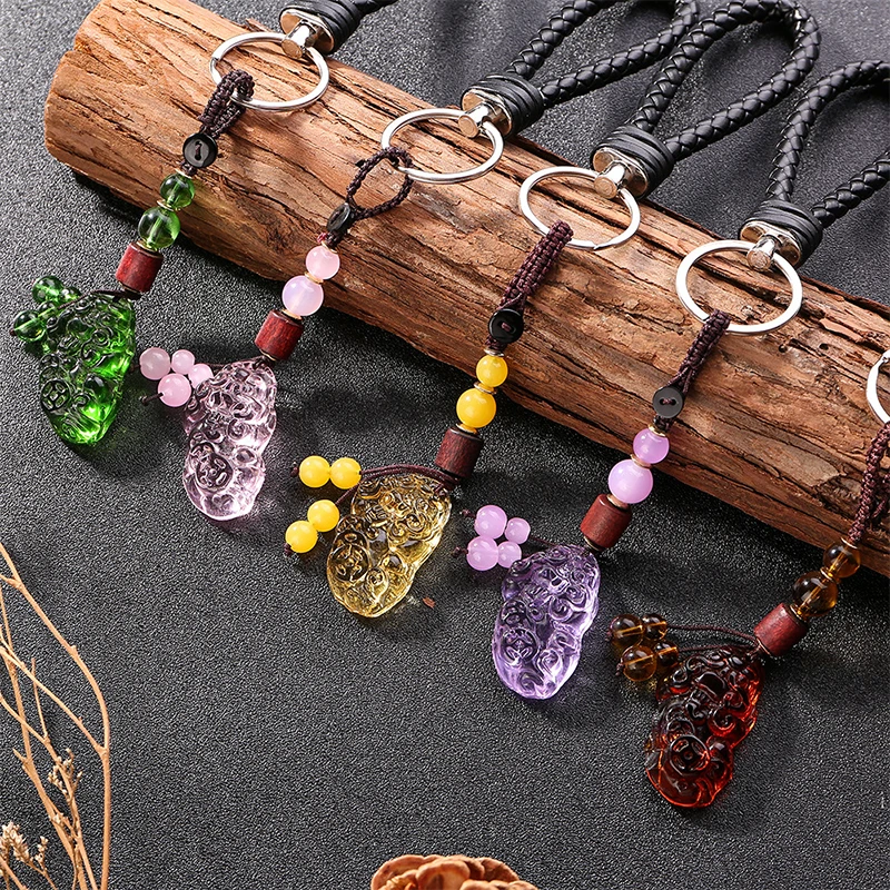 

1PC Glass Pixiu Pendant Leather Keychain Chinese Style Fengshui Beast Imitation Crystal Lucky Wealth Keyring For Men Women Gifts