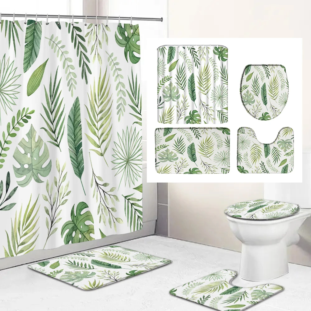 

Green Leaves Printing Fabric Shower Curtain Tropical Plants Leaf Bathroom Curtains Anti-slip Bath Mat Set Toilet Rugs Carpet