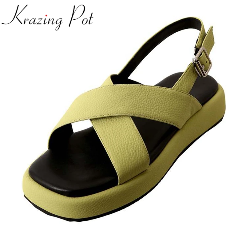 

Босоножки Krazing Pot женские из лакированной кожи, на высоком устойчивом каблуке, на платформе, гладиаторы, модная Уличная обувь для молодых дев...