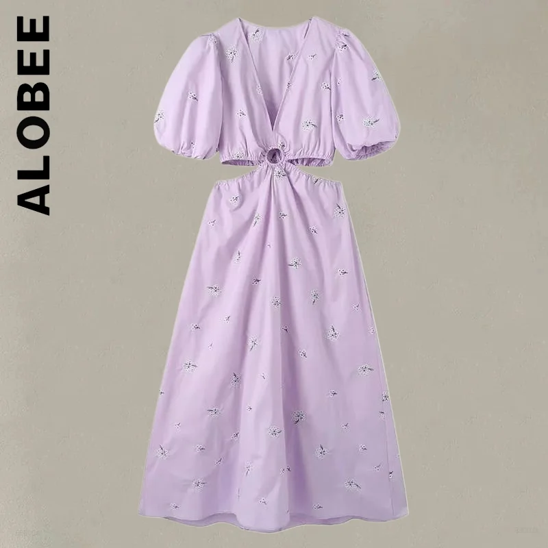 Alobee Women New Floral Embroidery Poplin Hollow Out Midi Dress Puff Sleeve Backless Dresses Robe Soft Female Dresses Woman