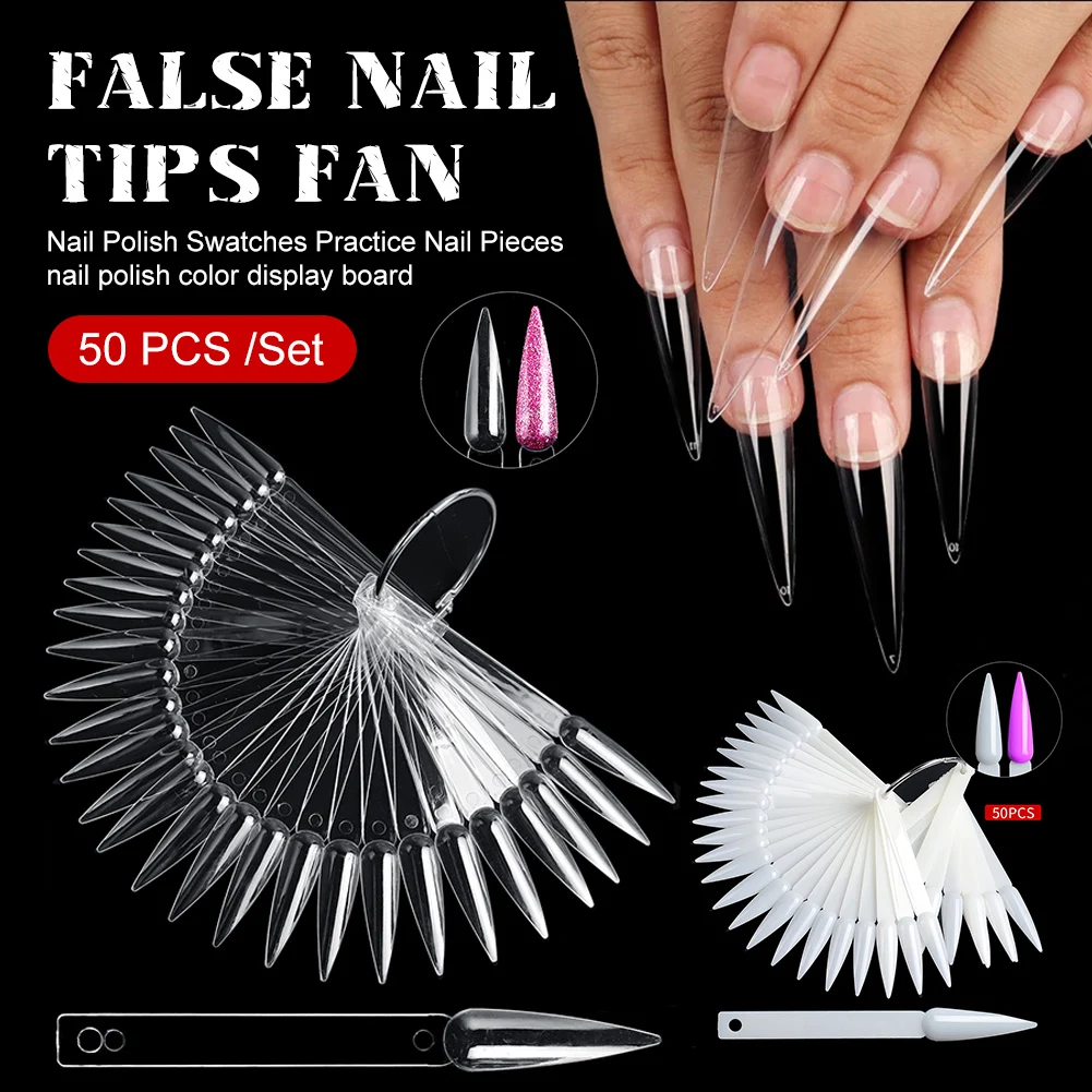 

50x False Nail Tips Display Practice Sticks Fan-Shaped Nail Polish Swatches Display Chart Practice Board Nail Art Tools Supplies
