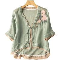 patchwork cotton blouse short coat summer sunscreen shirt vintage loose embroidery shirts cardigan 2022 new hanfu zen tops