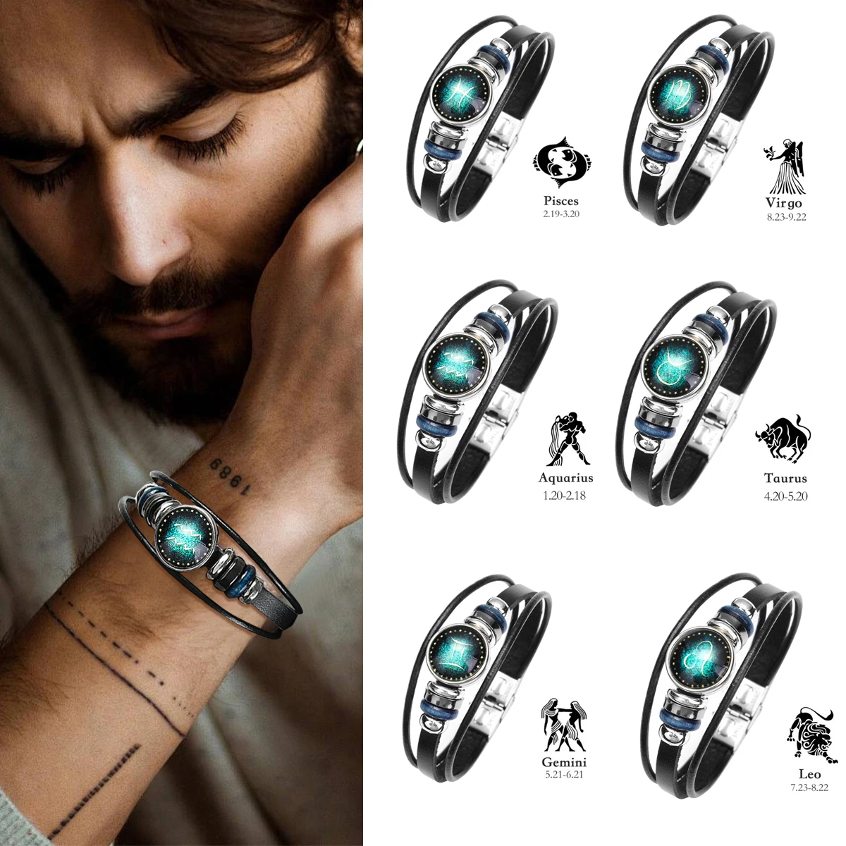 12-звездный браслет с знаком Козерог Лев Водолей мужской многослойный кожаный