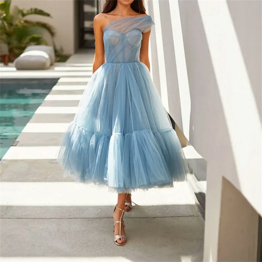 

Dusty Blue A-Line Tea-Length Prom Dresses One Shoulder Pleat Ruched Ruffles Elegant Short Party Evening Gown Tulle Custom Made