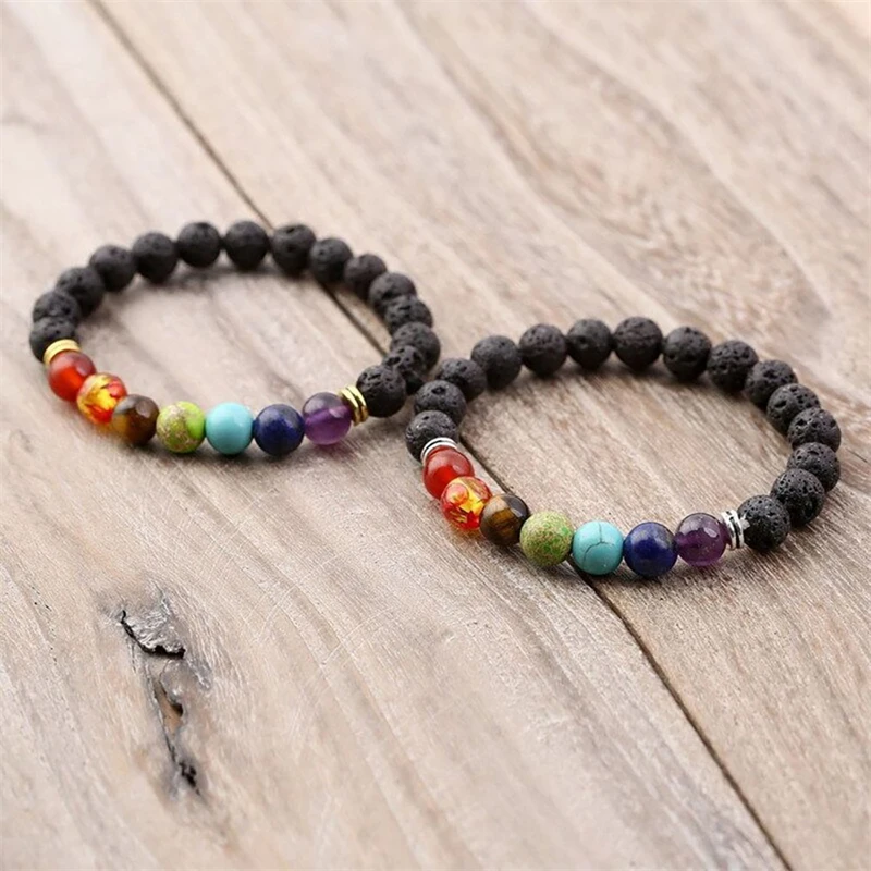 

Handmade 7 Chakra Agate Stone Natural Lava Stone Beads Bracelet Jewelry Women Men