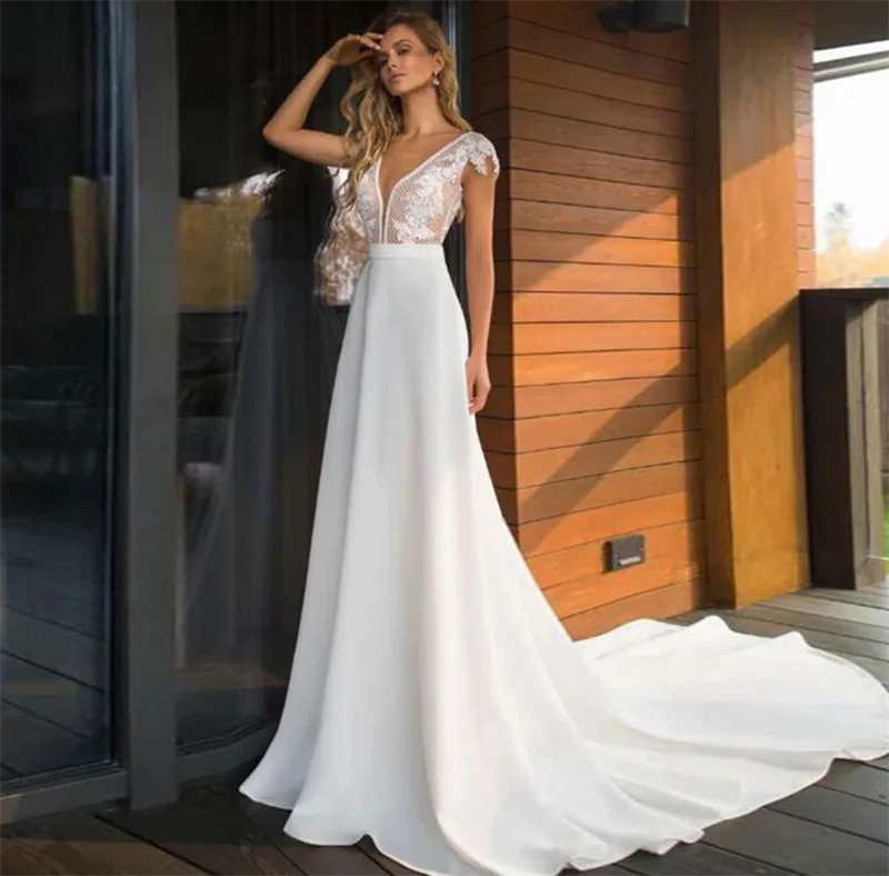 

Cap Sleeve V-Neck Open Back Sweep Train Wedding Dress Bride Gown Lace Applique Vestidos De Novia robe mariée