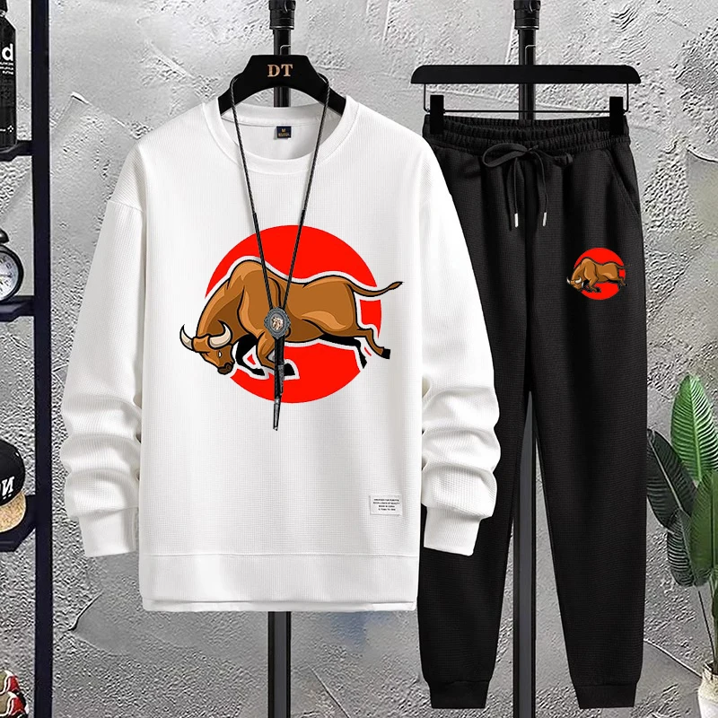 

2023 New Men's Sports Set Round Neck Long Sleeve Top Pull Cord Tie Leggings Fashion Trend Comfortable and Breathable
