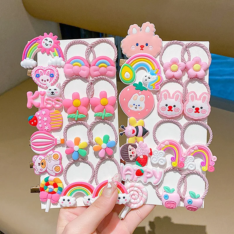 

14/15Pcs/Lot New Sweet Kids Hair Clips Headwear Set Elastic Rubber Bands Girls Cute Cartoon Animals Headbands Hair Accessories