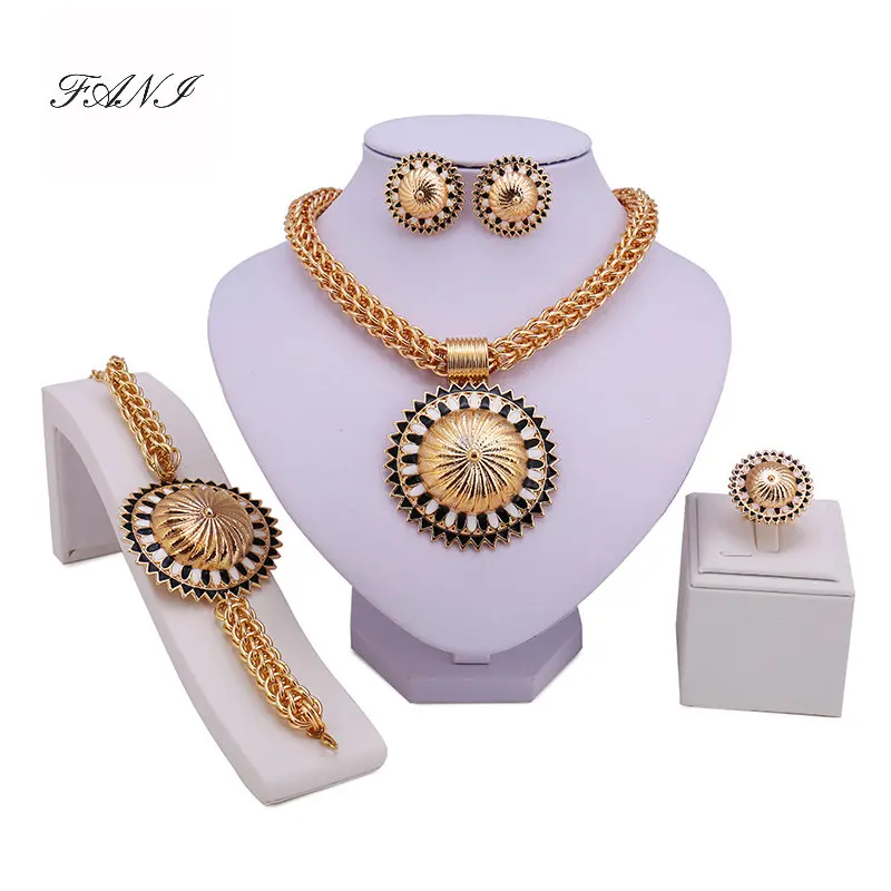 

Fani Woman Wedding Jewelry Set Necklace Earrings Bracelet Ring Dubai 18k Gold Plated Jewellry Accessories traditional marriage