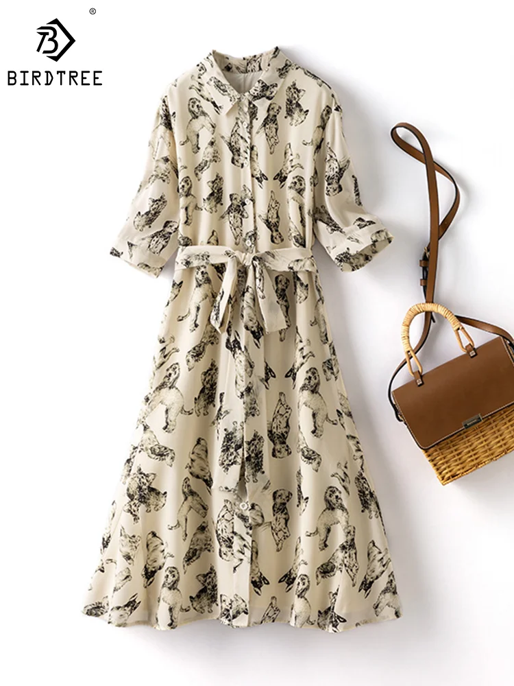 

Birdtree 16 мм 100% шелк тутового шелкопряда летние женские платья Модная женская юбка платье средней длины большой Феи Повседневное платье D37039QM