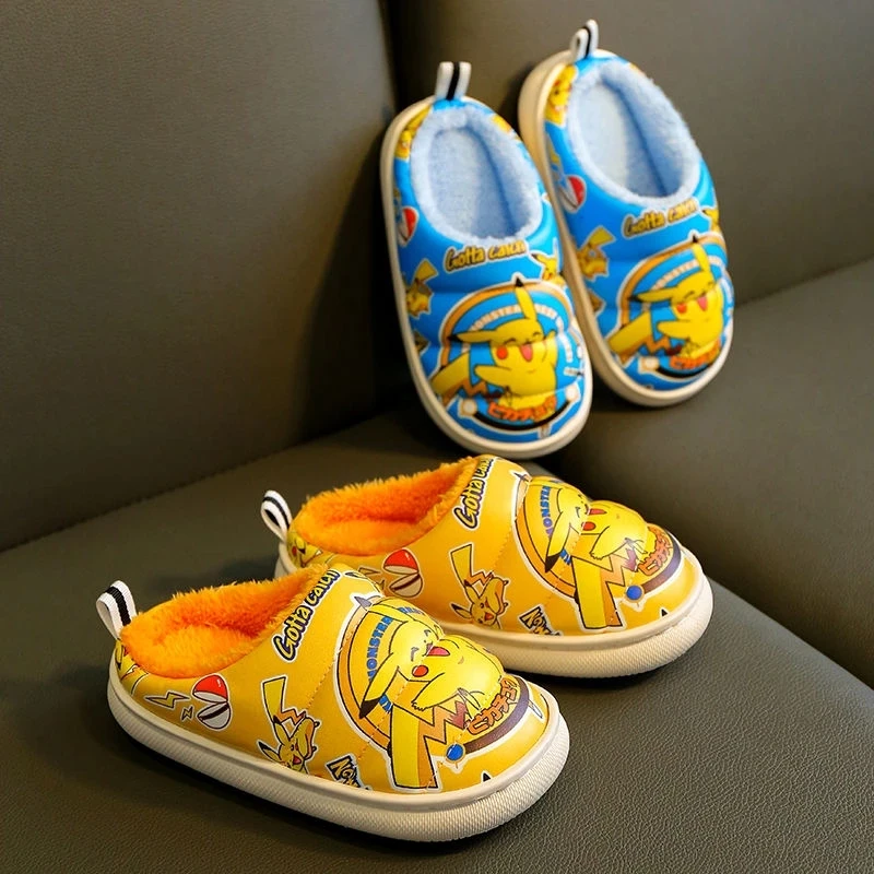 Зимние домашние тапочки для мальчиков и девочек с изображением покемона Пикачу