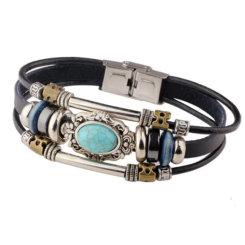 

Retro Ethnic Style Bohemian Simulation Turquoise Leather Wrap Bracelet Bangles for Men Women Traditional Glamour Casual Jewelry
