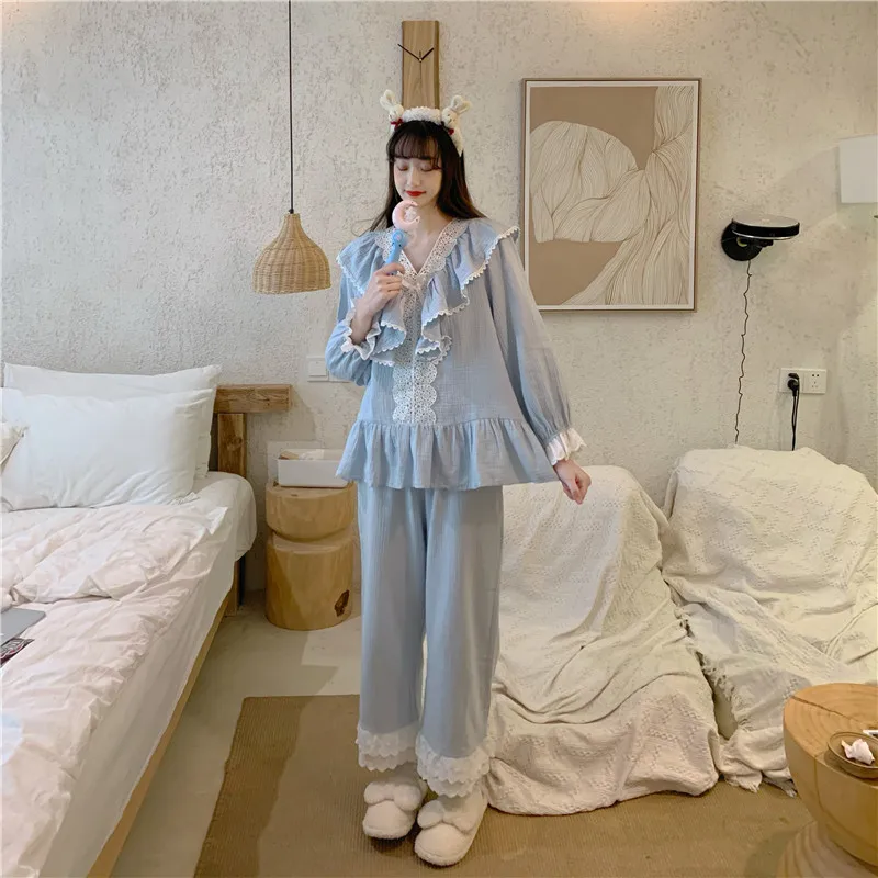 Court Style 2 Piece Set Pajamas Kawaii Women Autumn New Lace Long Sleeve Comfortable Sleepwear V-Neck Cotton Home Wear