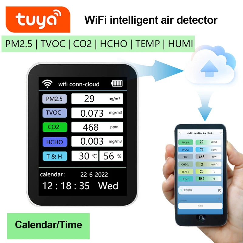 

Датчик воздуха Tuya 6 в 1, Wi-Fi Tvoc Co2 газы Ch2o, портативный детектор температуры и влажности воздуха
