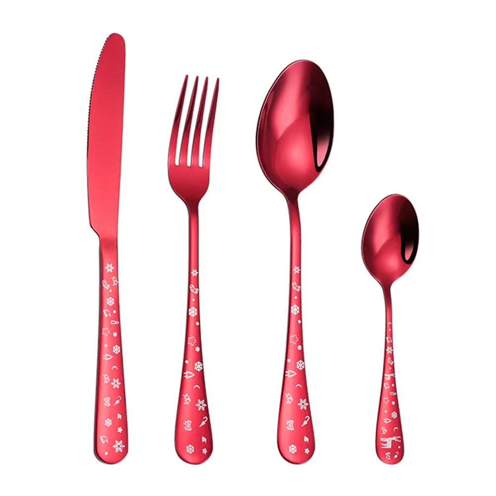 

Set Cutlery Steel Spoon Stainless Christmas Tableware Fork Red Eating Flatware Utensils Silverware Buffet Utensil Holiday Sets
