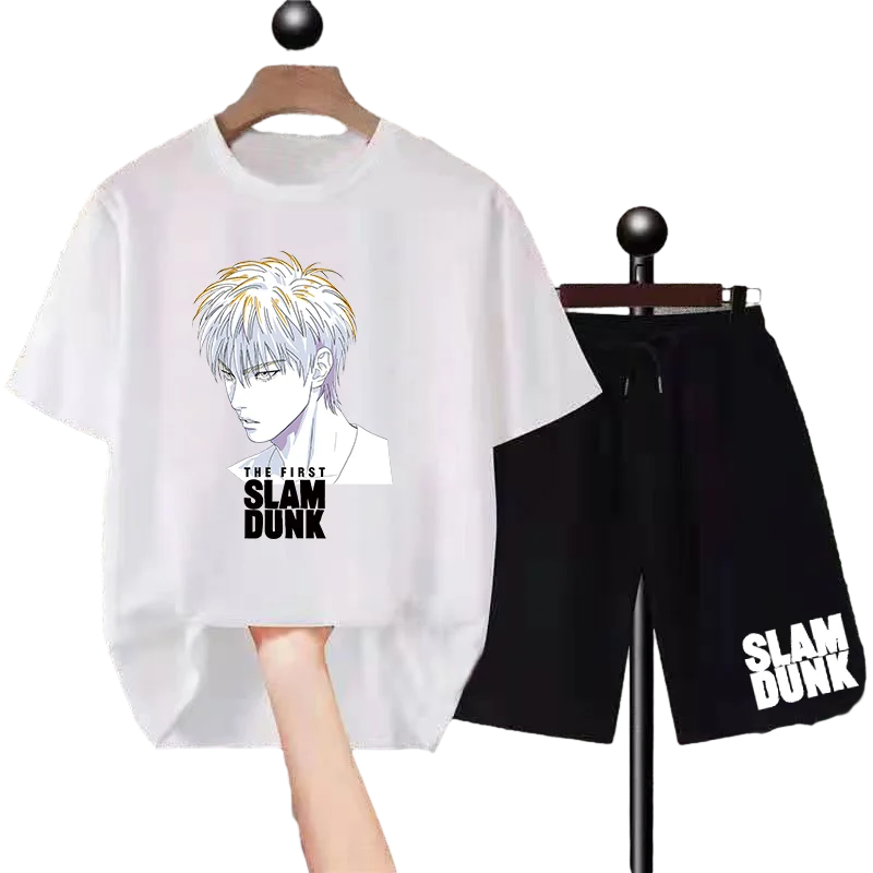 Japanese Anime Character Sportswear for Mens Workout, Slam Dunk Print Pure Cotton T-shirt and Shorts 2 Piece Set.