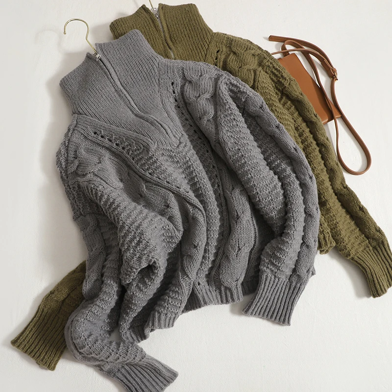 

Корейский модный пуловер на молнии, женский свободный свитер с отложным воротником и длинным рукавом, вязаный Топ, женская одежда, Прямая по...