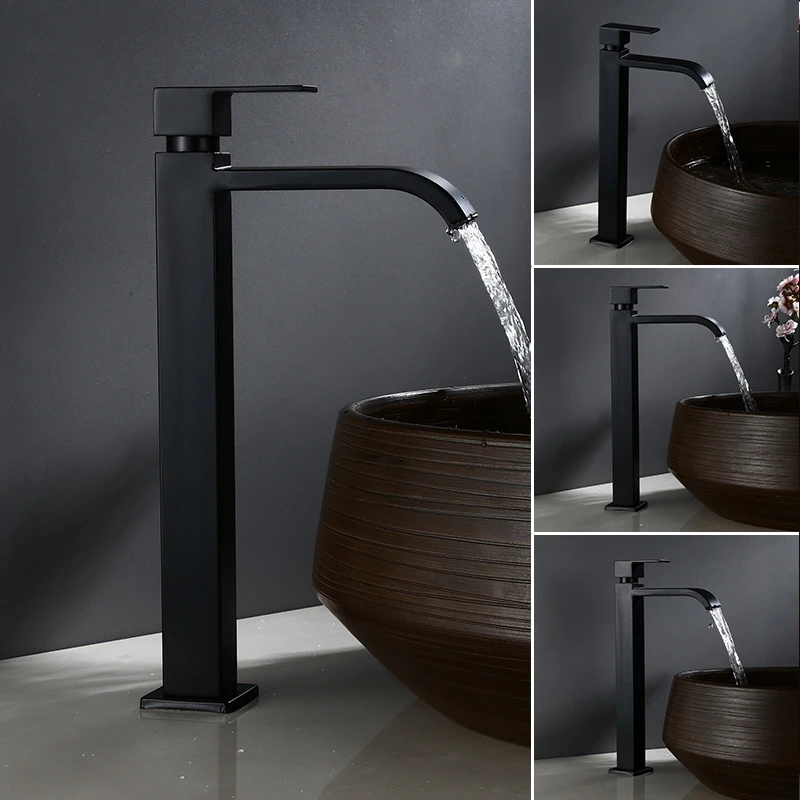 

Bathroom Basin Faucet Stainless Steel Waterfall Tall Sink Vessel Tap Matt Black Single Handle Deck Mount Lavotory Faucets