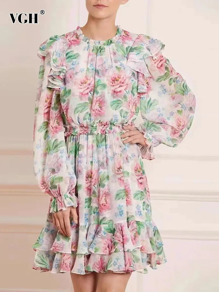 

VGH Casual Print Dress For Women Round Neck Loose Long Sleeve High Waist Patchwork Ruffle Trim Mini Dresses Female 2022 Clothing