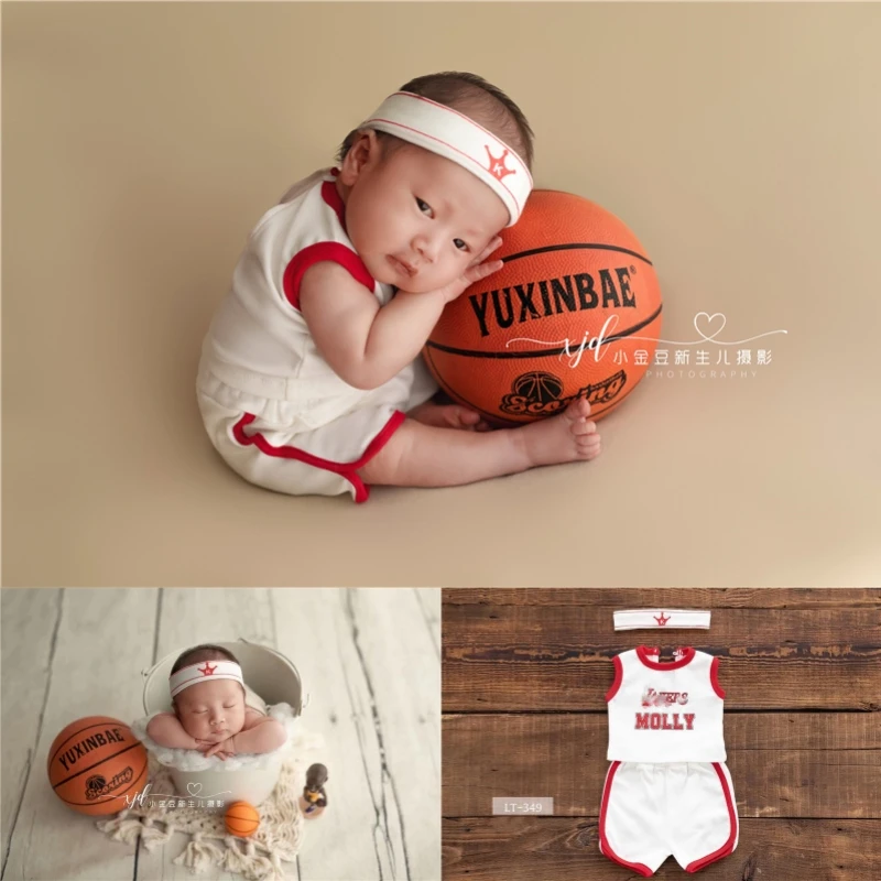 Dvotinst Newborn Baby Photography Props Basketball Outfits 3pcs Set Headband Vest Shorts Sports Studio Shooting Photo Props