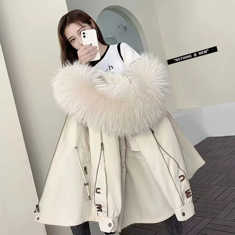 

RosEvans New Short Real Fur Parka Women Fashion Rex Rabbit Fur Lining Fox Fur Collar Removable Coat Loose Tie Fit Autumn Winter