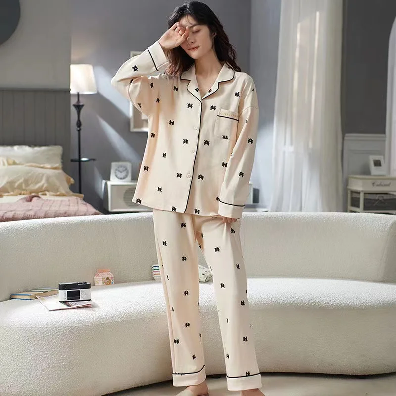 100% Cotton Women Pajamas Sets Spring Turn-Down Collar Long Sleeve Ladies Sleepwear 2 Piece/Set Leisure Home Wear Clothes