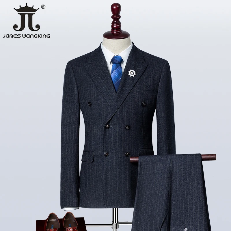 

( Blazer + Vest + Pants ) Classic British Mens Stripe Business Suit Groom Wedding Dress Double Breasted Prom Social Party Tuxedo