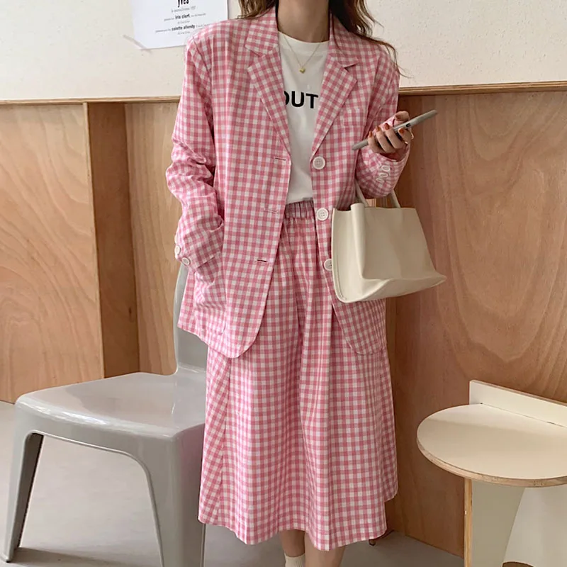 2021 Korean Chic Plaid Jacket Women Fashion Geometric Casual Elegant Office Ladies Long Sleeve Loose OL Lapel Blazers Sweet Pink