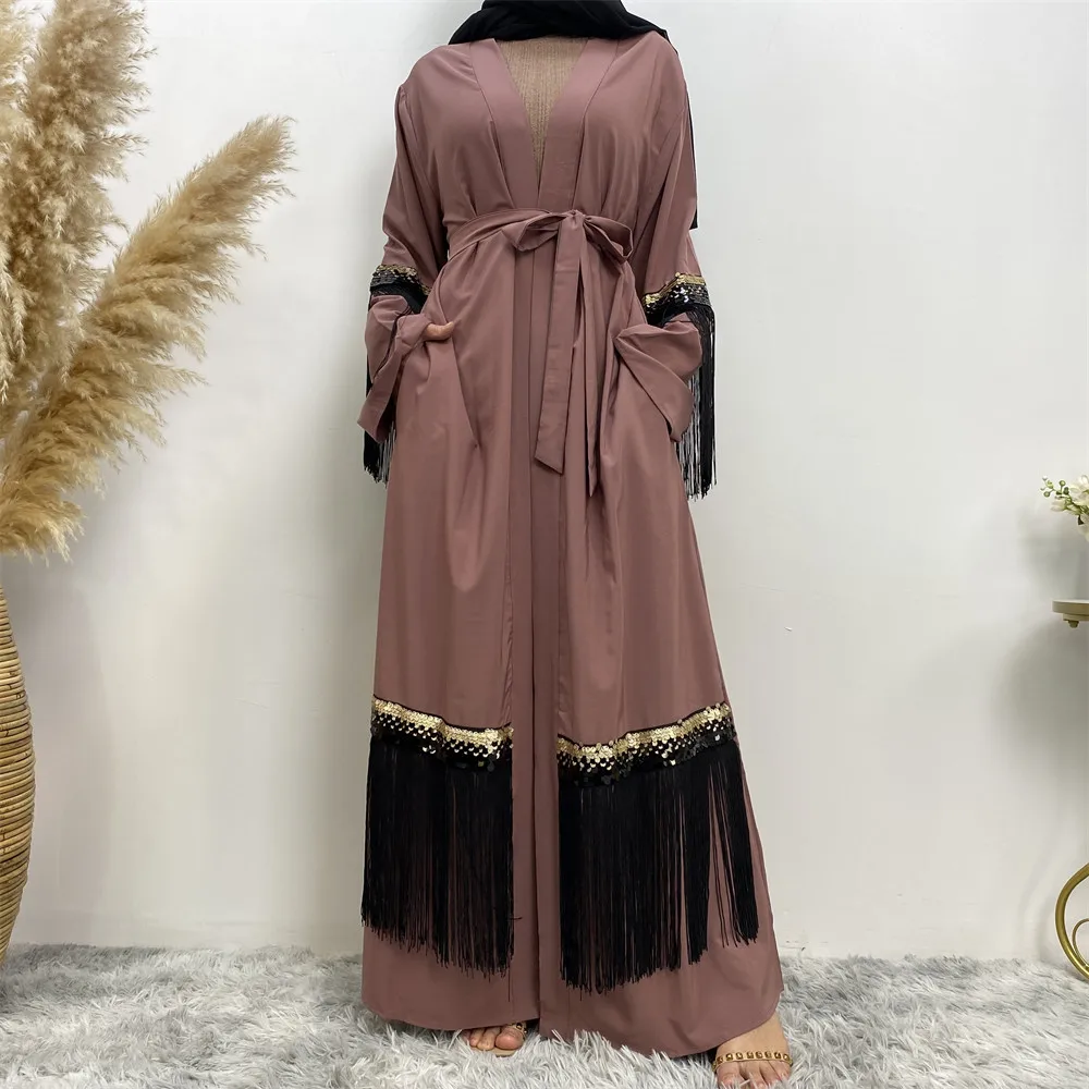 

Турецкая Мода, мусульманский женский открытый кардиган, макси платья, Abayas Дубай, с блестками, бахромой, ислам, ИД Рамадан, джалабия, кафтан, женское платье