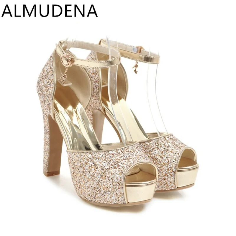 

Party Dress Shoes For Women Sandals Super High Heels Bling Sequined Cover Heels Square Heel Shoes Peep Toe Platform Buckle Strap