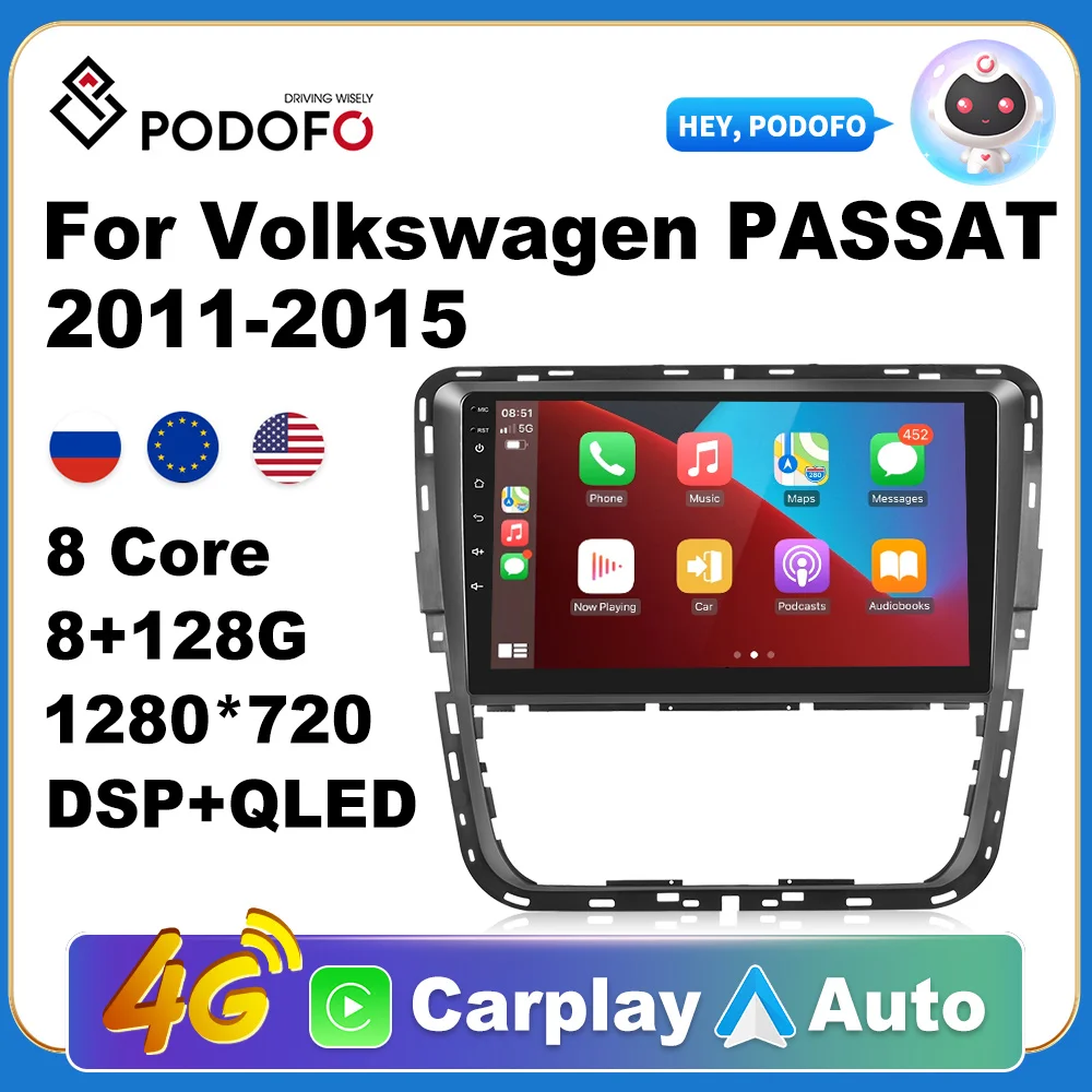 

Podofo Авторадио 2Din Android радио Carplay для Volkswagen PASSAT 2011-2015 AI Voice 4G GPS Автомобильный мультимедийный видео плеер стерео