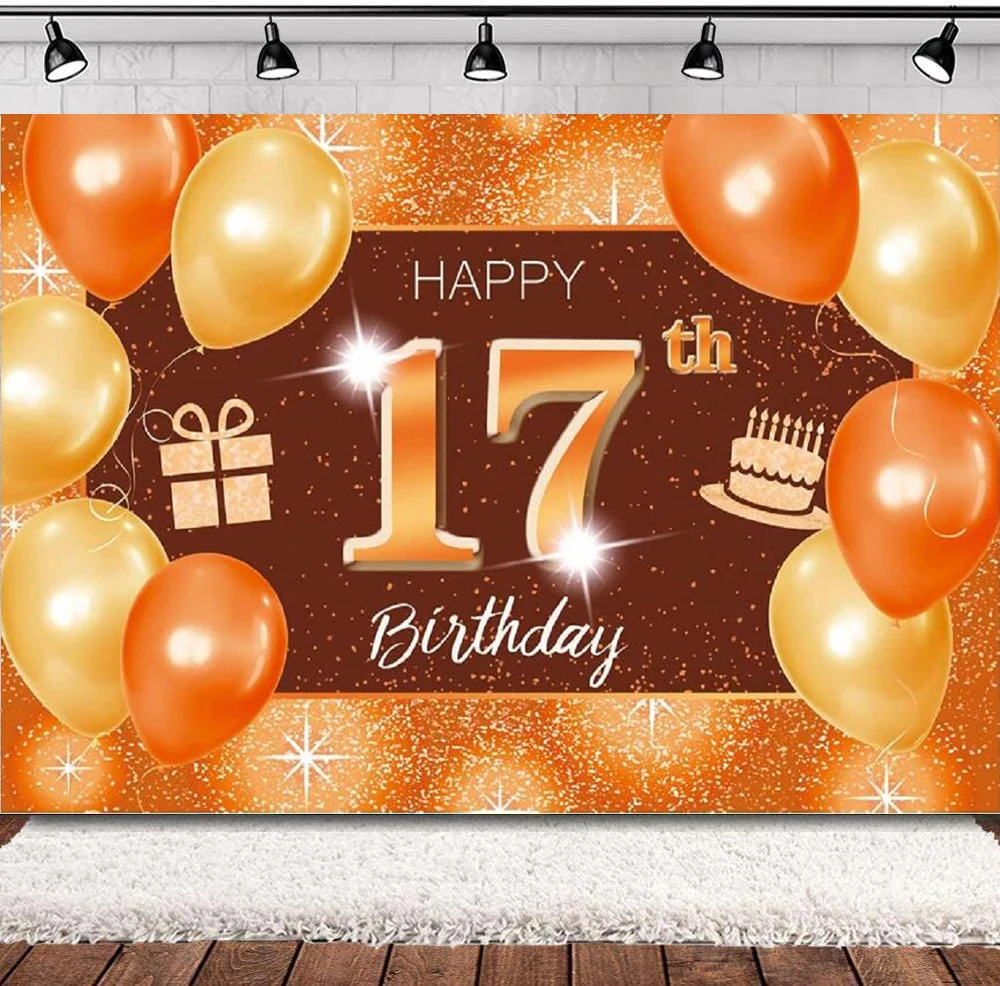 

Photography Backdrop Banner Decor Orange Glitter Dots Happy 17 Years Old 17th Birthday Party Background For Girls Boys Supplies
