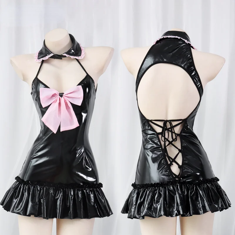 

Japanese Women Cute Patent Leather Skinny Hip Dress Sexy Low Cut Bow Pajama Nightdress Backless Straps Cosplay Underwear