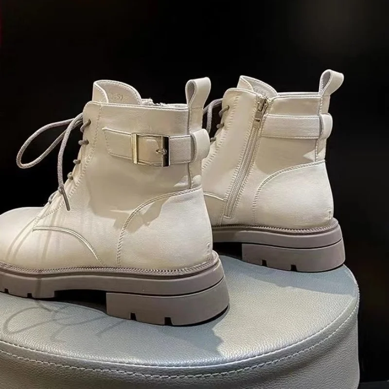 Botas De Mujer Pu Leather Motorcycle Boots Thick-soled Mid-heel Ankle Boots Round Head Zipper Lace Women's Boots Autumn Winter