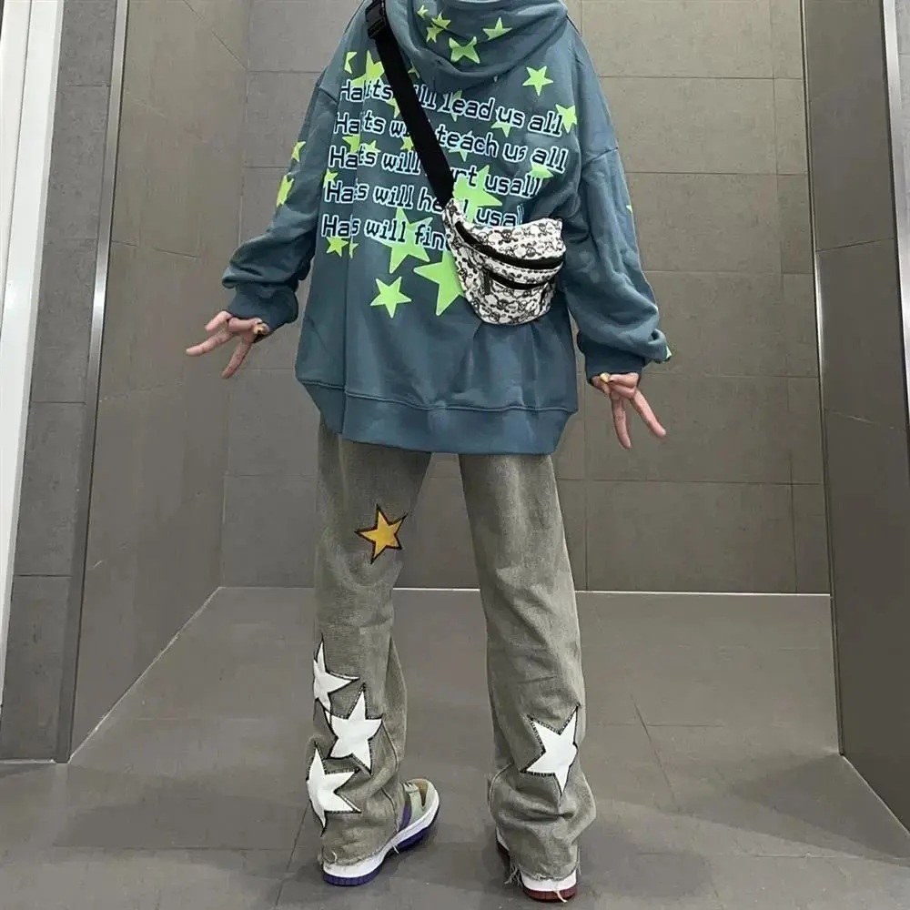 American street jeans men and women's high waist loose straight tube 2022 autumn new hip hop wide leg pants show thin fashion in