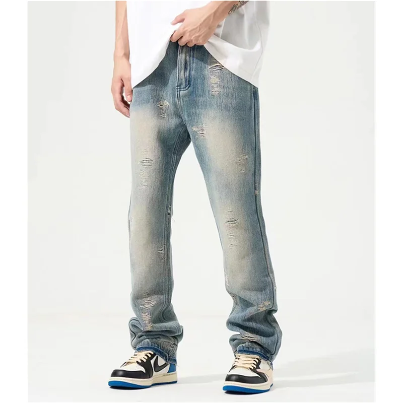 Streetwear Men 2022 Fashion New Pattern Vintage Recreational Blue Jeans Loose Straight Cylinder Ripped Trousers Autumn Female