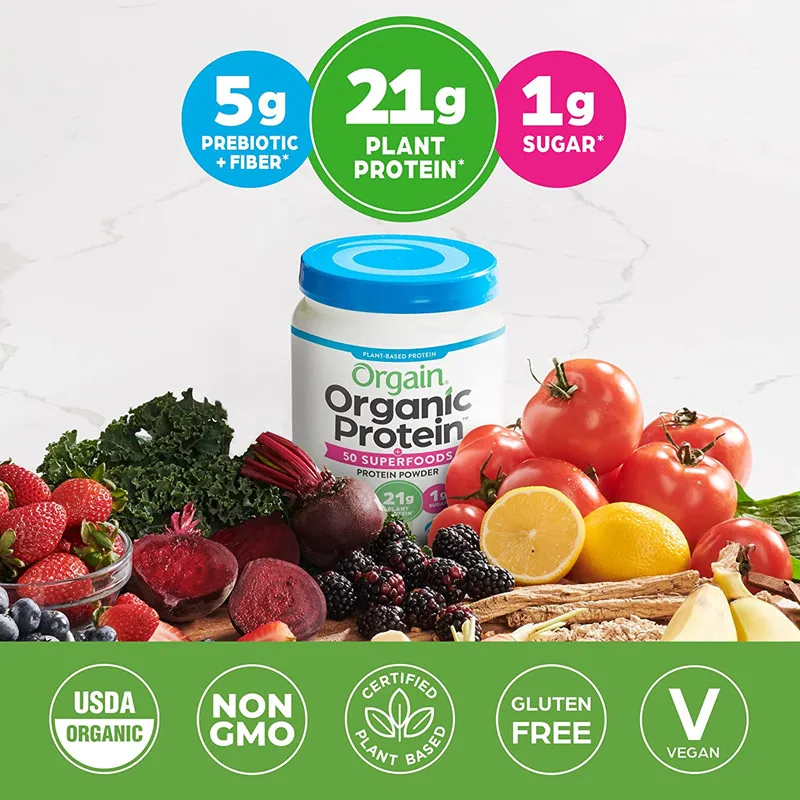 Orgain plant protein + food powder vanilla bean - vegetarian lactose free sugar gluten non GMO 2 pounds 450 g |