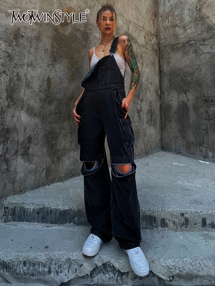 TWOTWINSTYLE Hole Hollow Out Overalls For Women Sleeveless High Waist Fake Two Piece Denim Wide Leg Pants Female Clothing 2022