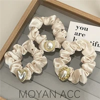 french off white satin hair tie women high quality all match western style pearl love head rope niche rubber band headdress