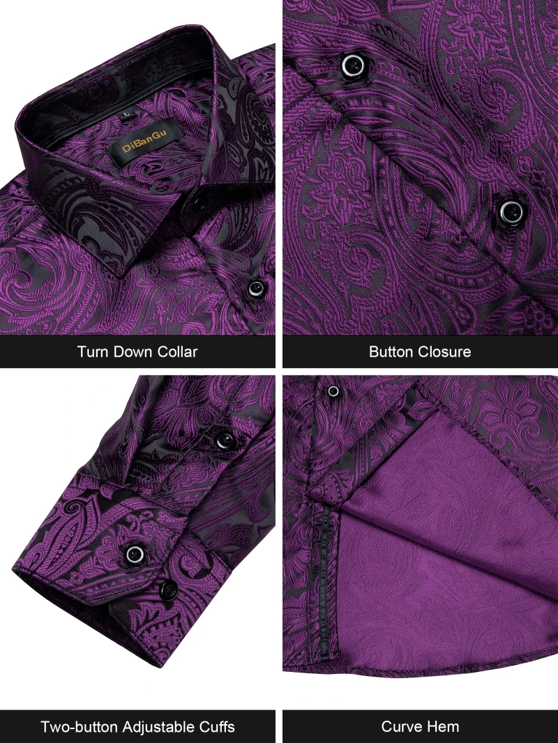 Mens Purple Paisley Silk Shirts Long Sleeve Casual Slim Fit Men's Tuxedo Dress Shirts Business Social Men's Clothing