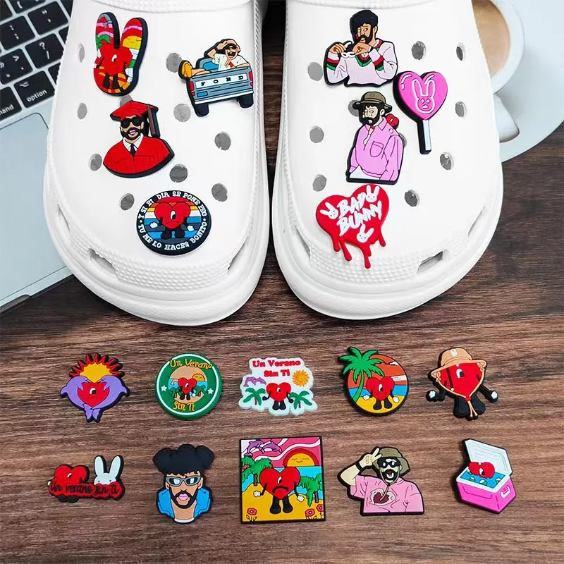 18-48pcs/set Hot sell Clown Garden Shoes Accessories PVC Bad Bunny Shoe Decorations Fit Kids Croc Jibz Charm X-mas Gift