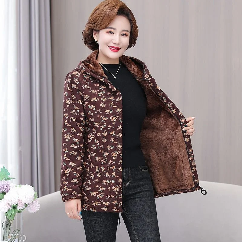 Middle aged and old age short coat women's autumn and winter hooded loose top middle-aged mother's autumn thin cashmere cotton